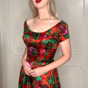 1960s silk cocktail dress vibrant floral wiggle dress retro